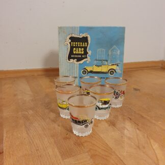 6 styks vintage glas med veteran biler
